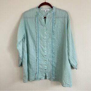 JP and‎ Mattie Mint Green Lace Trim Oversized Button Down Top Cottagecore Size L